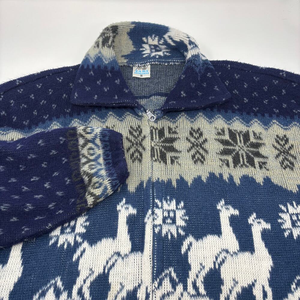 Vintage Yari Artesanias Mens Medium Blue White Patterned Full Zip Wool Sweater